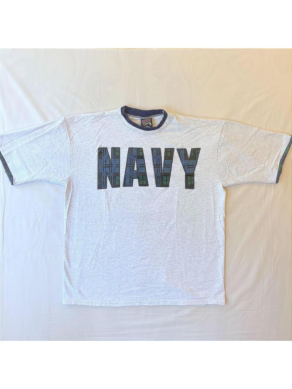 Vintage 80s Soffe's Choice NAVY Military Ringer Tee Plaid Flannel Letters XL